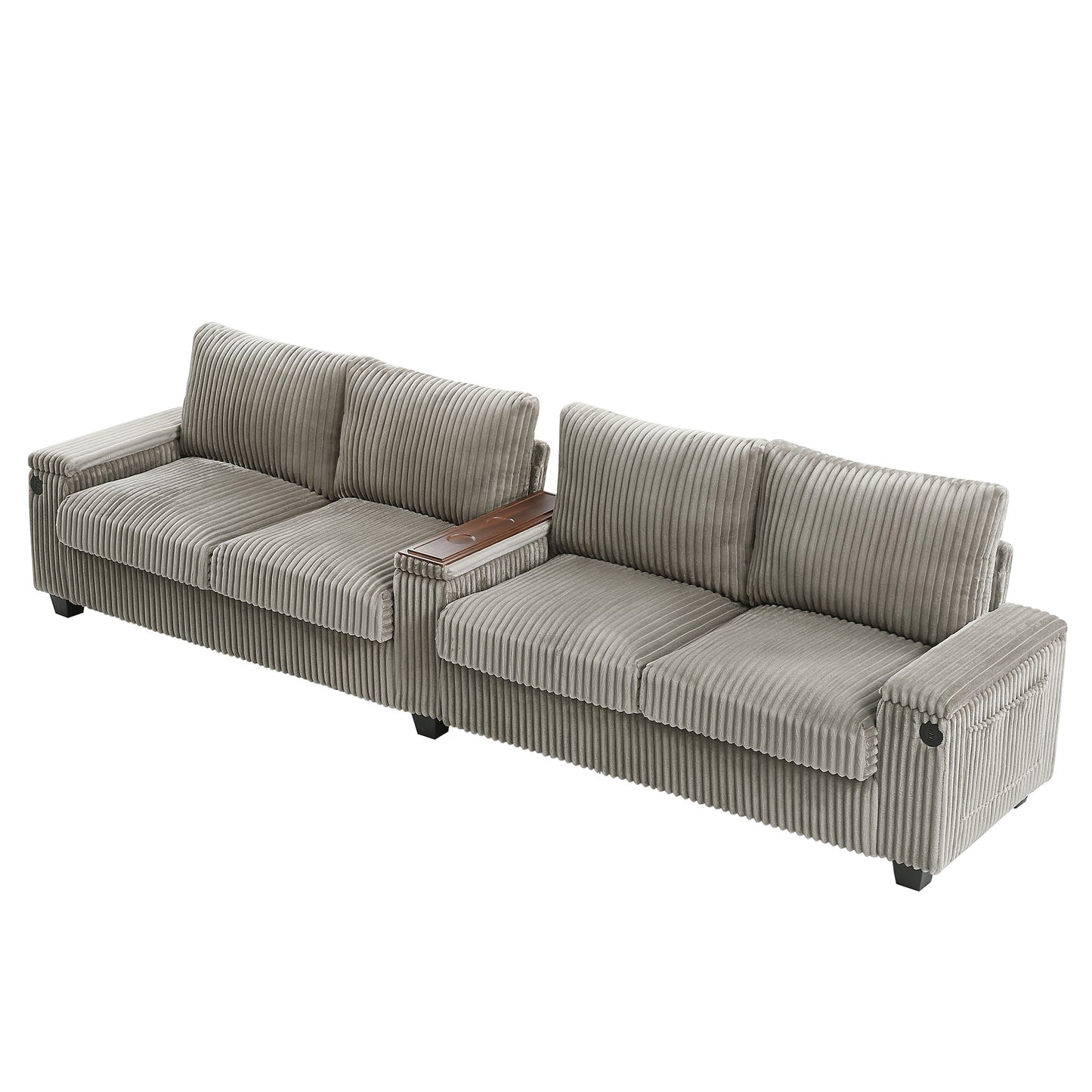 NEW Modern 4-Seater Corduroy Sofa Couch with USB Ports, Hidden Storage Arms, and Flip-Top Cup Holders, Brown, 133 Inches