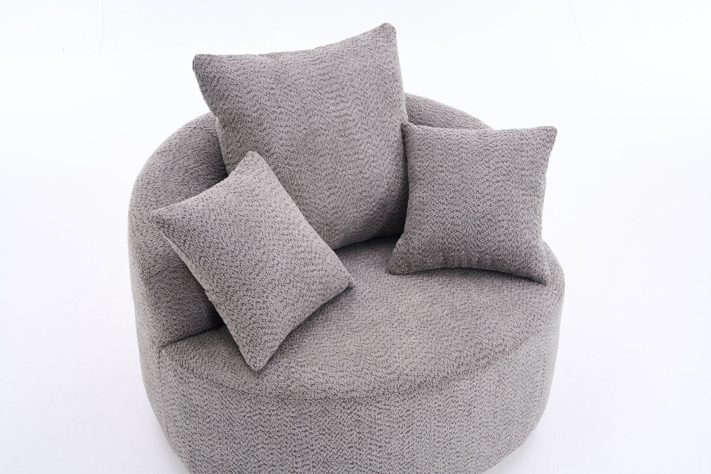NEW 360° Swivel Round Grey Upholstered Accent Barrel Chair with 3 Removable Pillows