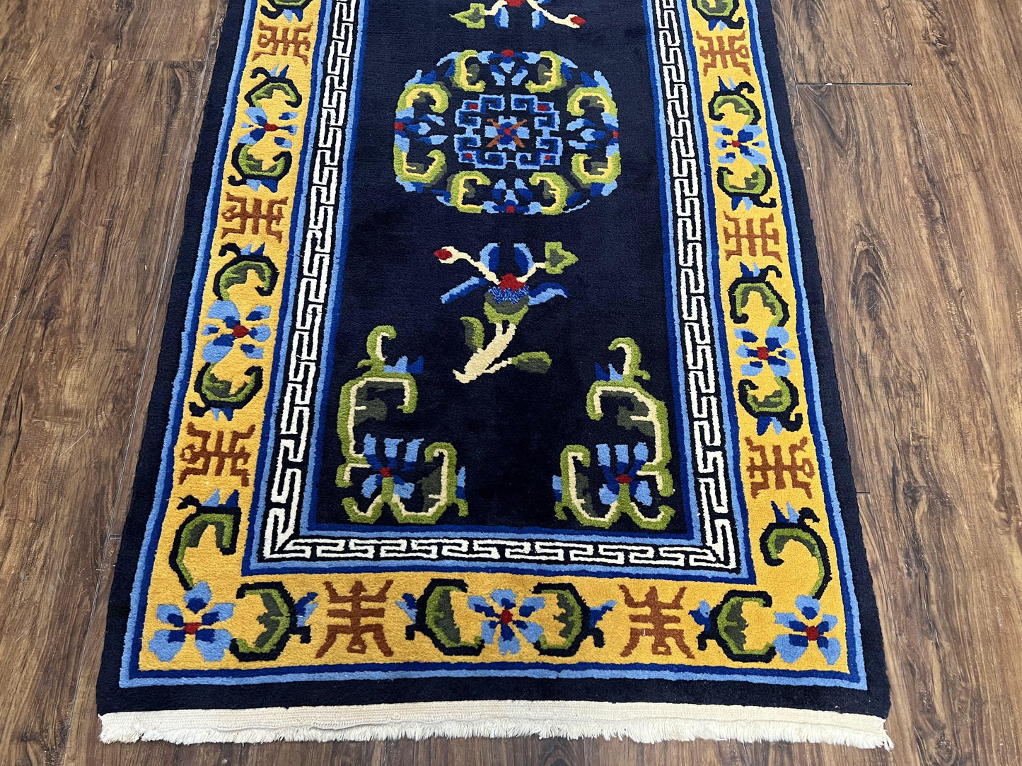 USED Chinese Art Deco Rug 3 x 5.9, Handmade Chinese Peking Carpet, Dark Blue and Gold, Medallion, Asian Oriental 3x6 Hand Knotted Vintage Rug