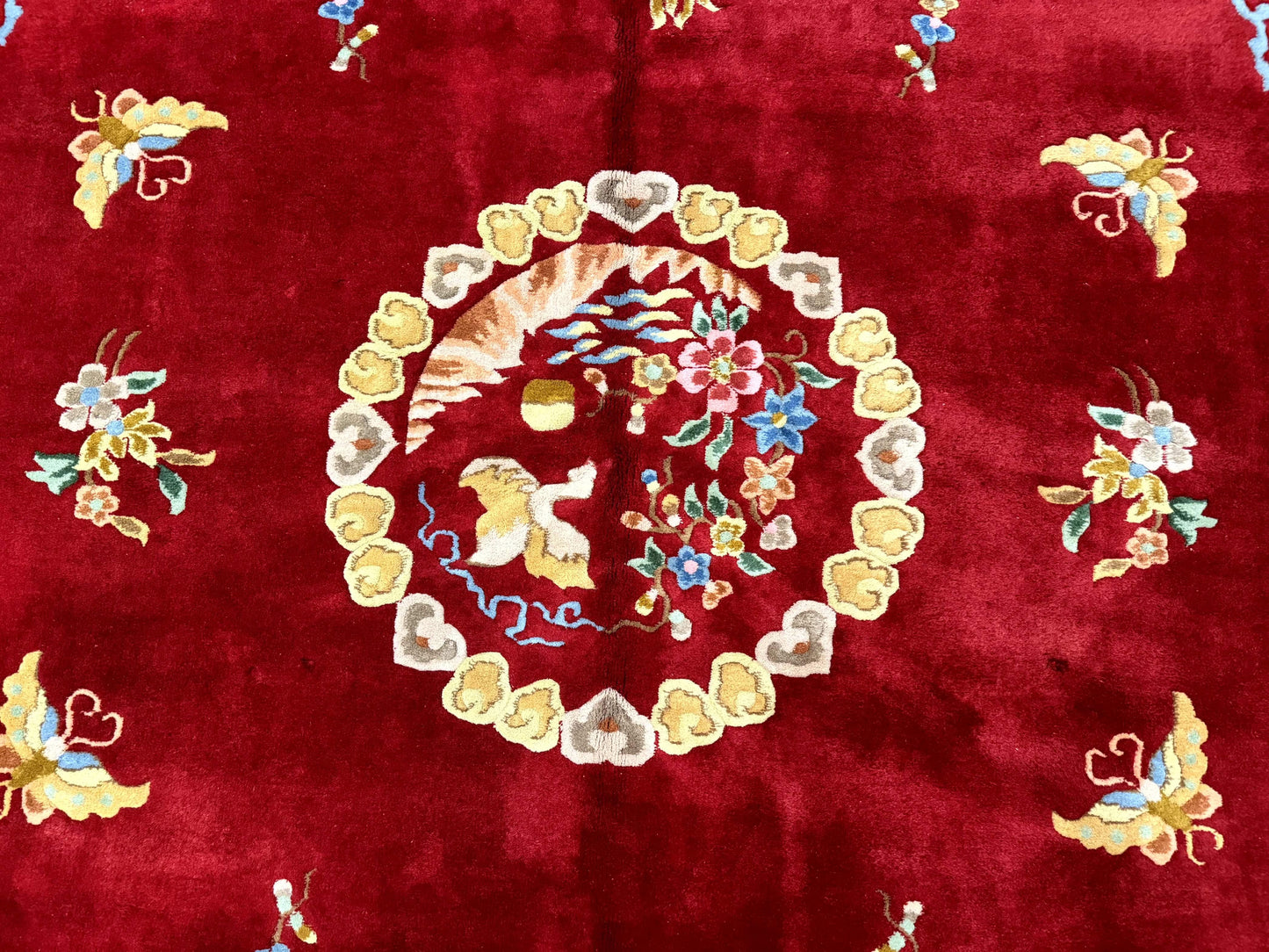 USED Indo Chinese Wool Rug 9x12, Red Art Deco Carpet, Vintage