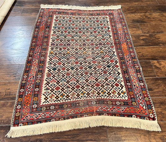 USED Antique Caucasian Rug 4x5, Hand Knotted Handmade Shirvan Oriental Carpet, Ivory Red Rug Allover Pattern, Rare Wool Rug, Tribal Geometric Rug