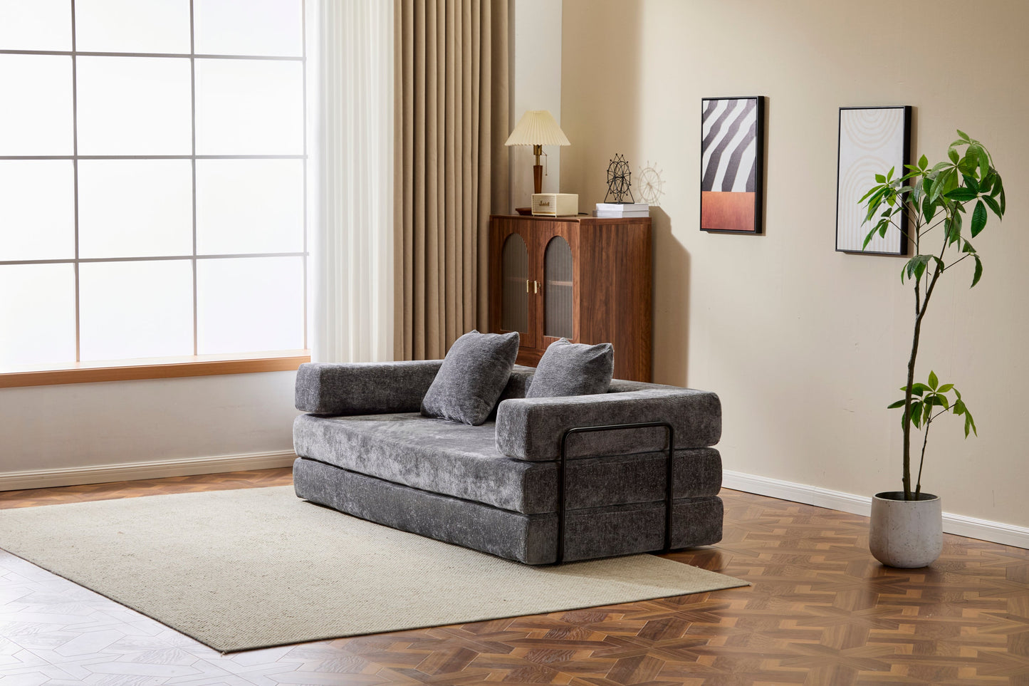 NEW Floor Couch,Compression Sofa,Convertible Floor Sofa Bed-with Pillow Back Support Armrest,Comfy Futon Couch Lounge Sleeper Bed,Chenile fabric,for Living Room Bedroom (DARK-GREY)