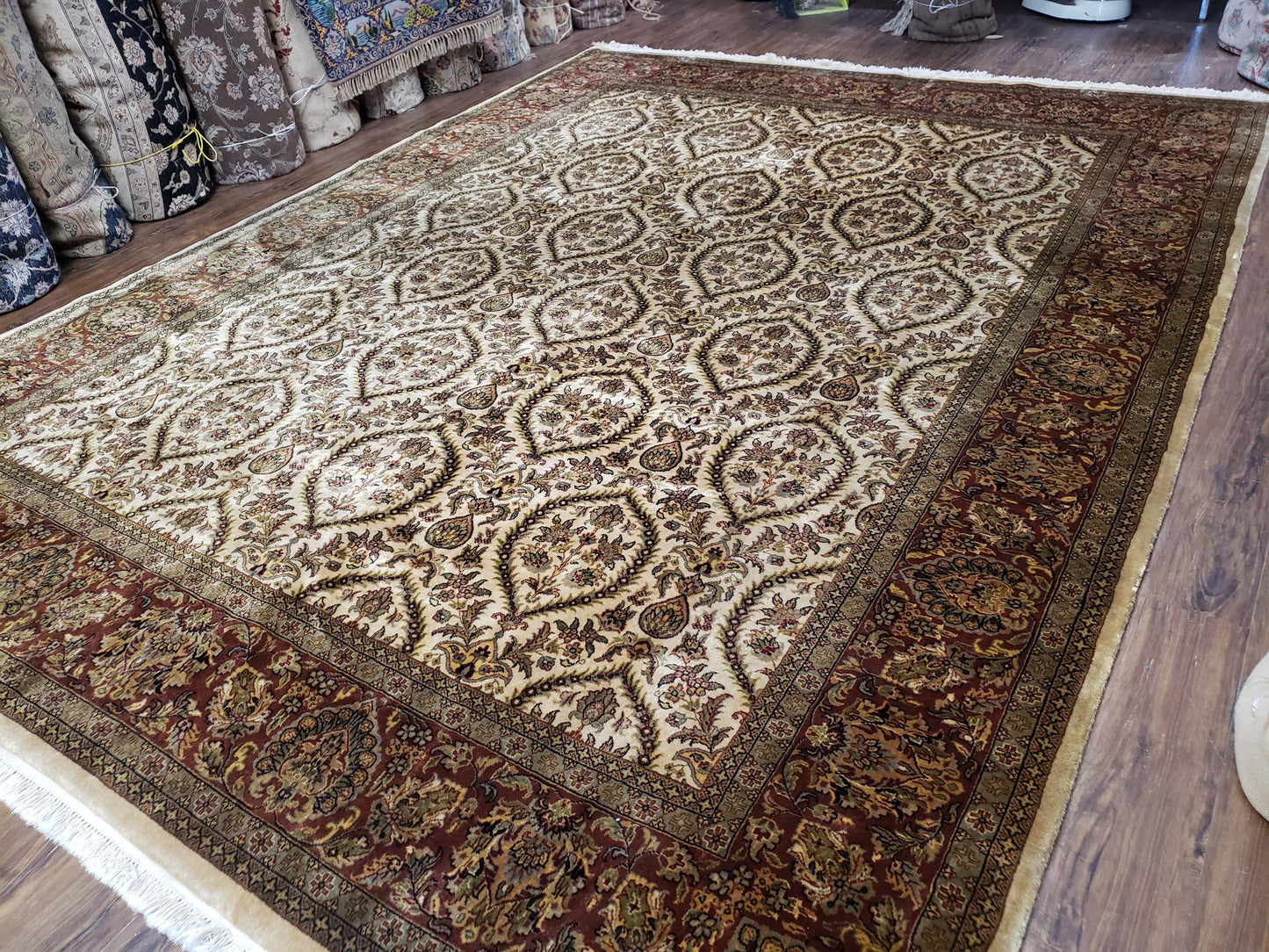 USED Vintage Indo Persian Area Rug 9x12, Wool Hand-Knotted Ivory & Dark Red Oriental Carpet, Fine Weave 9 x 12 Indian Rug, Dining Room Rug
