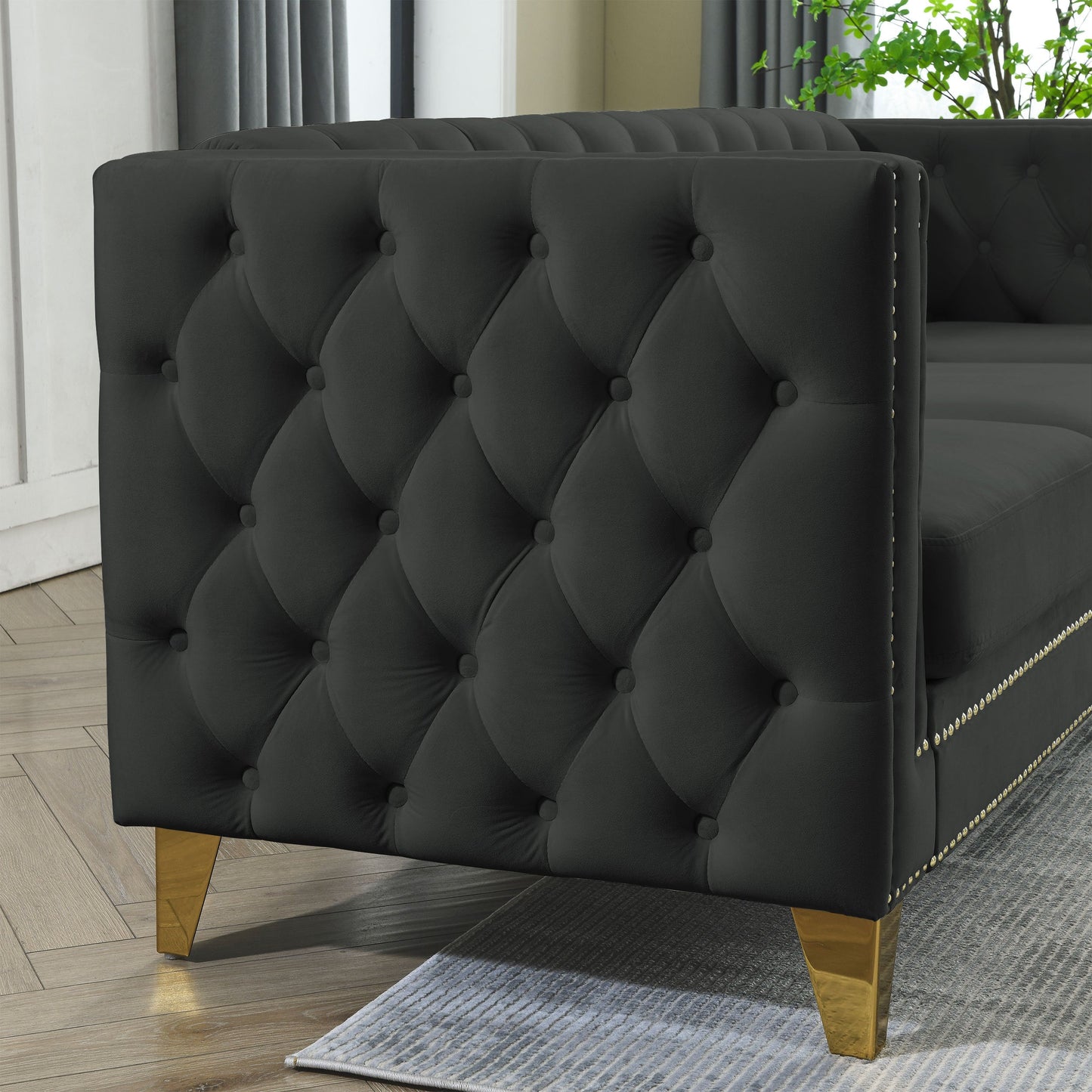 NEW Black Velvet Tufted Button Square Arm Modern Couch Sofa with Metal Legs