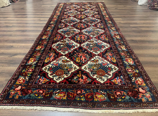 USED Persian Bakhtiari Rug 5x12, Wide Runner Rug, Unique Size, Multicolor Panel Design, Navy Blue Ivory, Antique Persian Rug, Colorful