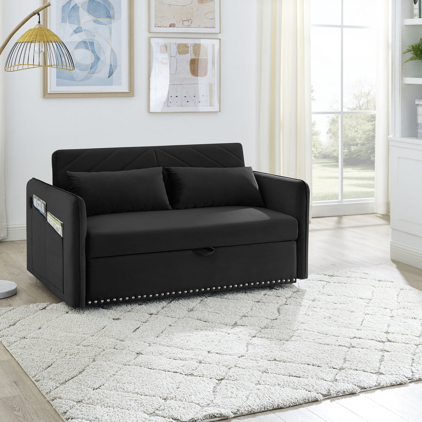 NEW MH' Soft Velvet Convertible 3 in 1 Adjustable Sleeper Pull Out Sofa Bed w/USB Port with 2 Lumbar Pillows and Side Pocket
