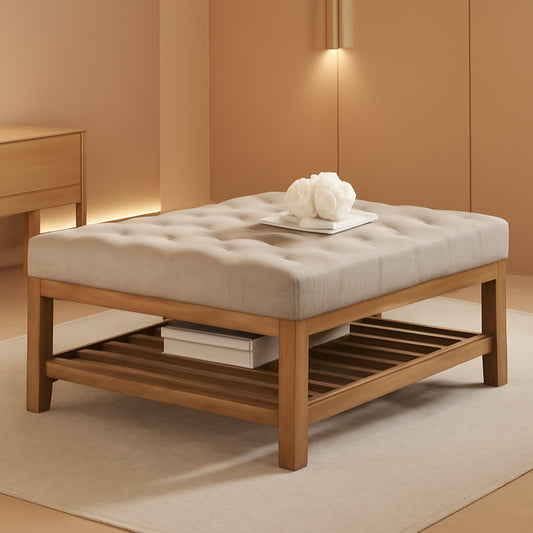 NEW Large Upholstered Tufted Linen Ottoman Coffee Table