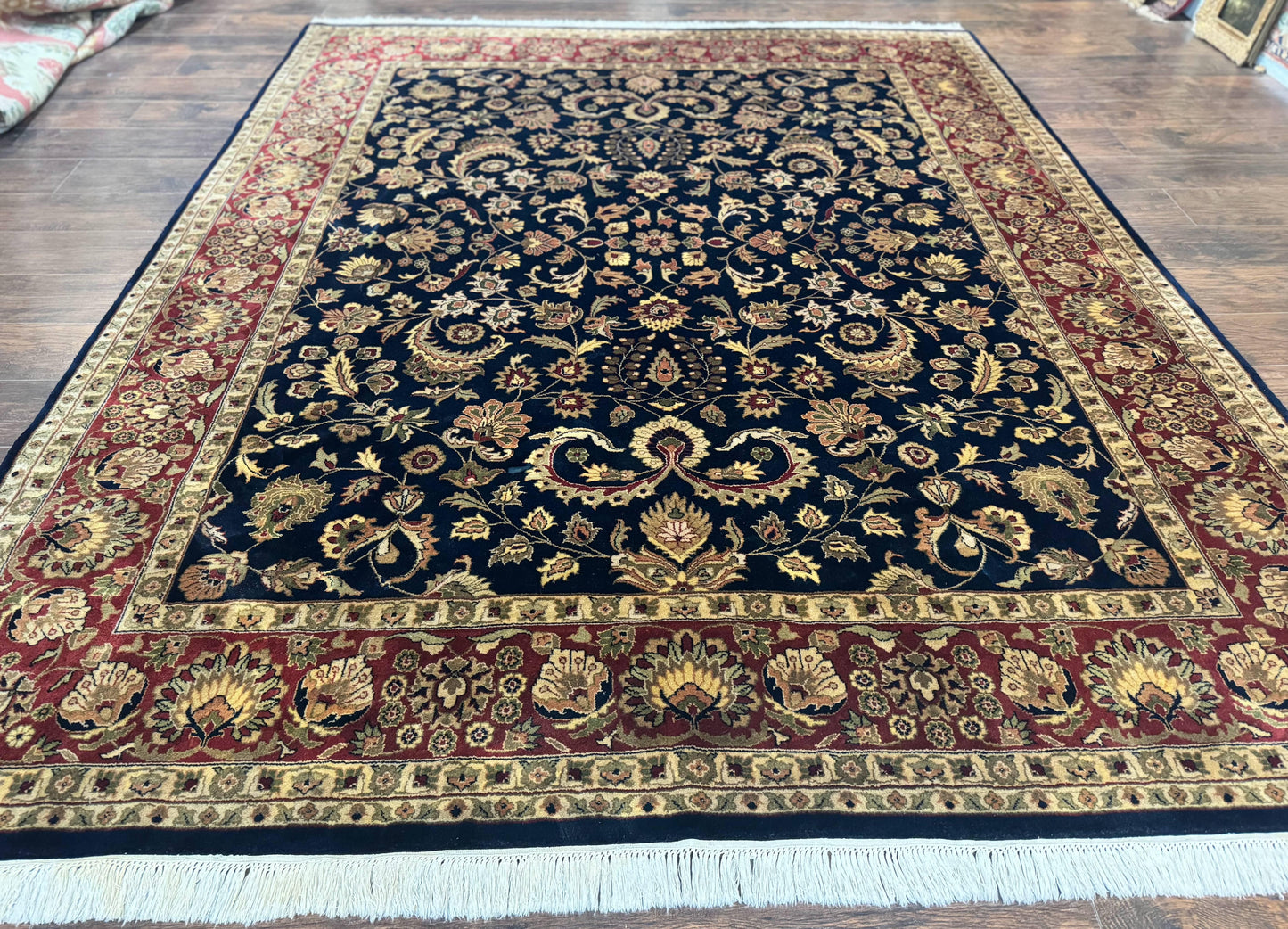 USED Indo Persian Rug 8x10, Navy Blue and Red, Floral Allover, Hand Knotted Vintage Wool Carpet, Indo Sarouk