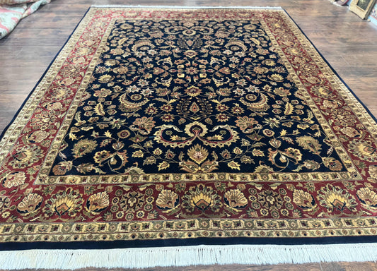 USED Indo Persian Rug 8x10, Navy Blue and Red, Floral Allover, Hand Knotted Vintage Wool Carpet, Indo Sarouk