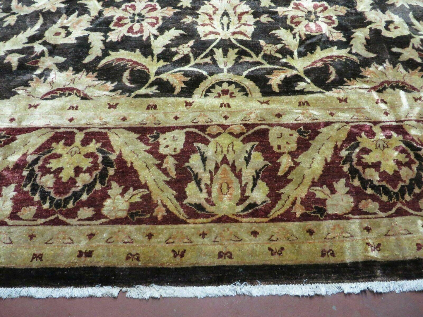 USED 11' X 15' Vintage Hand Knotted Indian Agra Wool Rug Hand Made Dark Brown Floral