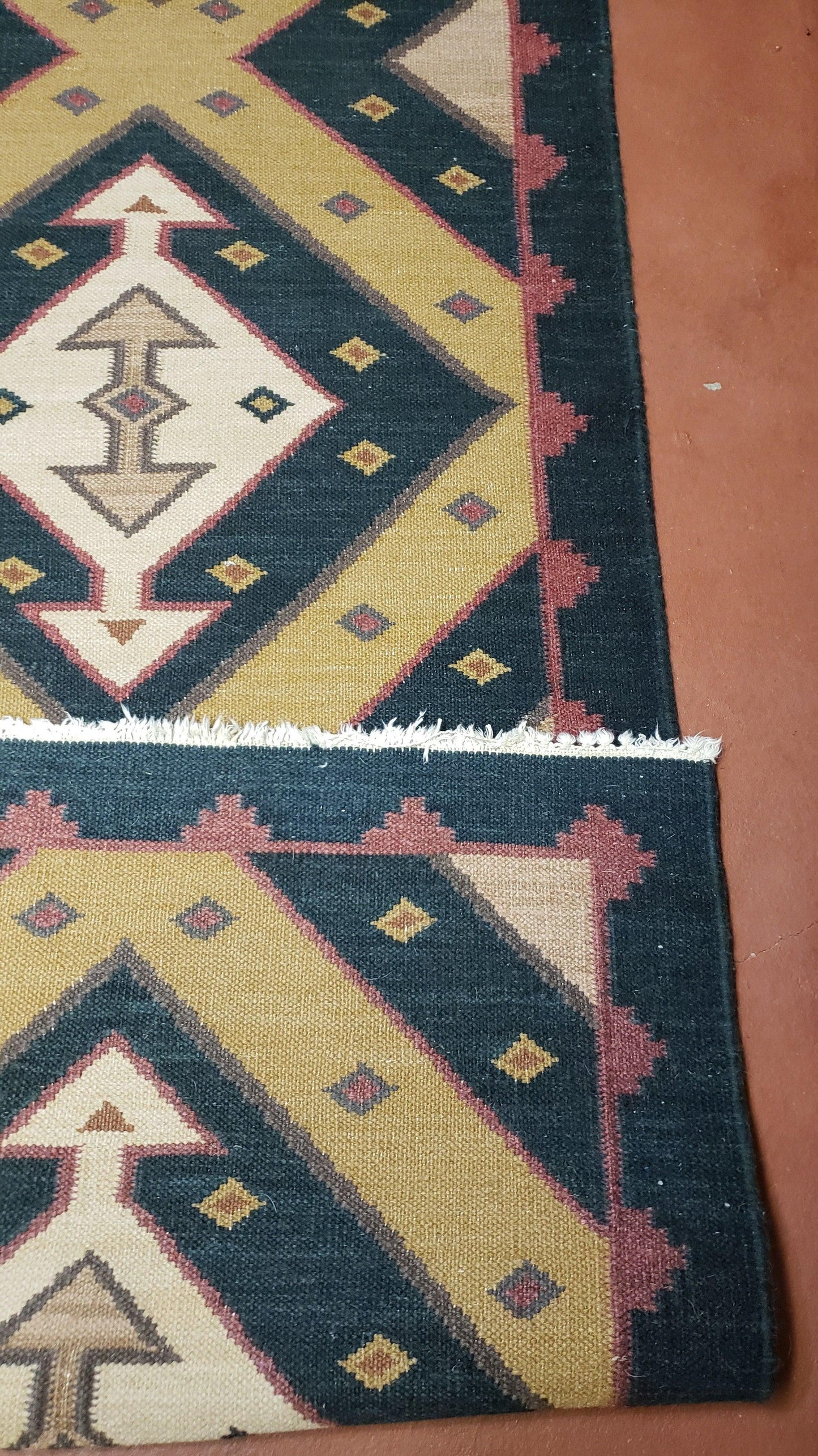 USED Vintage Indian Kilim Runner Rug, Geometric Flatweave Hand-Knotted Wool Kitchen Hallway Runner, Black Gold & Beige, 2' 8" x 9' 9"