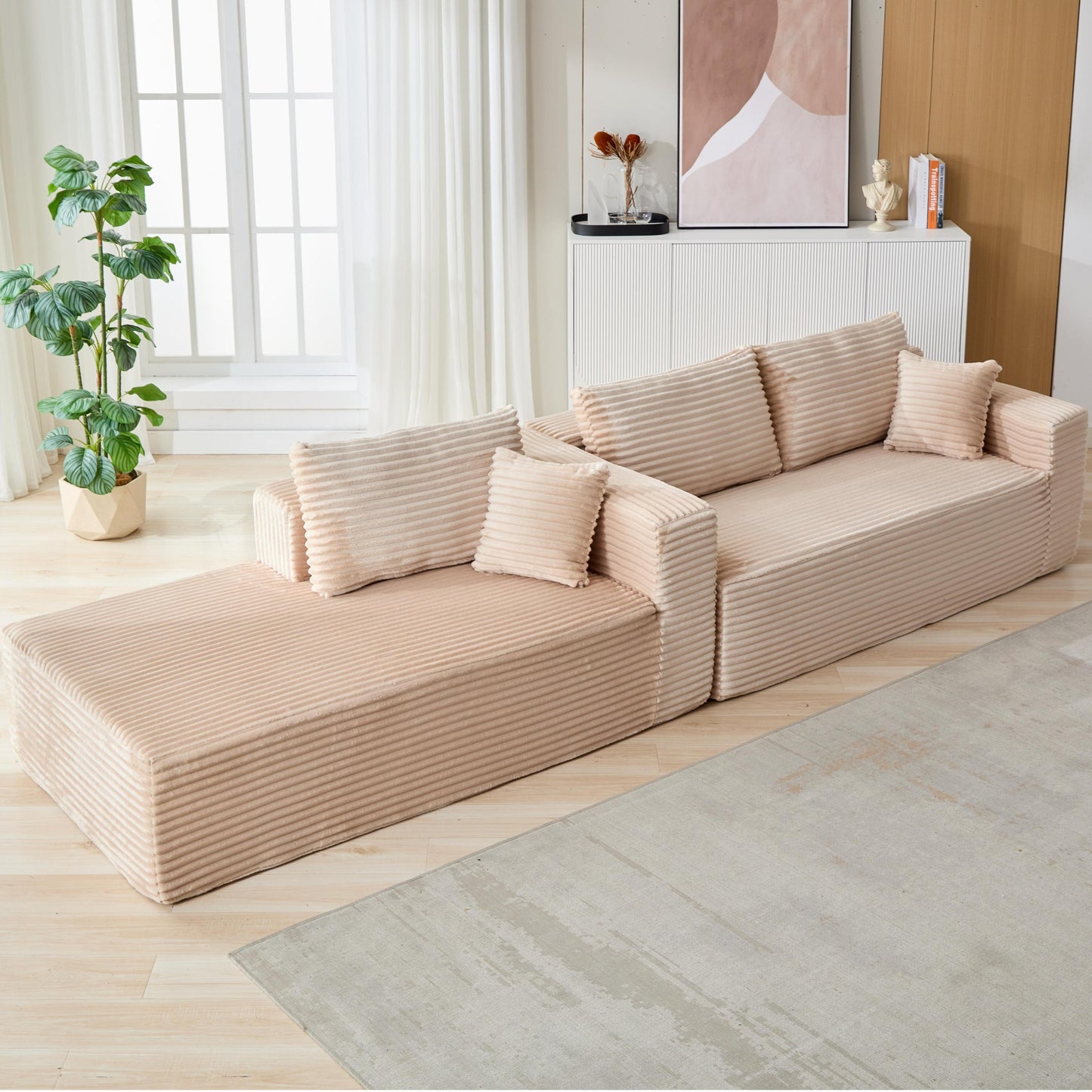 NEW Compression Sectional Couch with Comfy Chaise, Boneless L Shape Sofa with Deep Seat, Minimalist Modular Couches Sleeper for Living Room Bedroom Apartment Lounge,corduroy,Beige