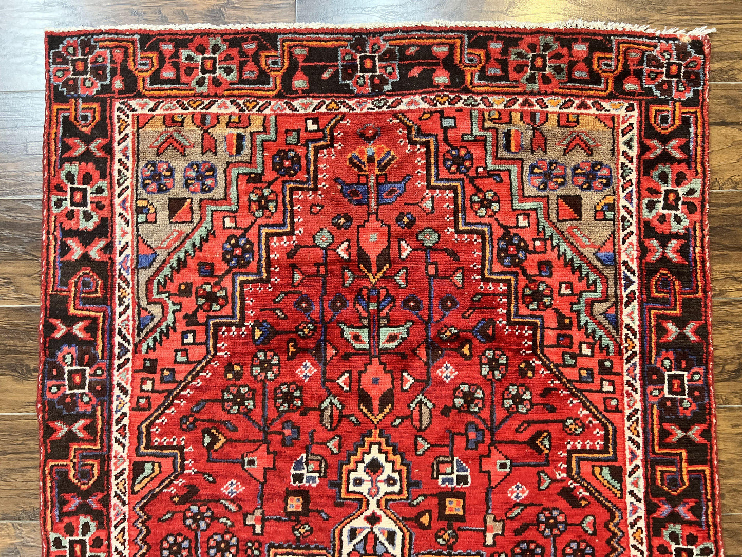 USED Antique Persian Tribal Rug 4x7, Red, Geometric Medallion, Handmade, Wool, Persian Zanjan Rug