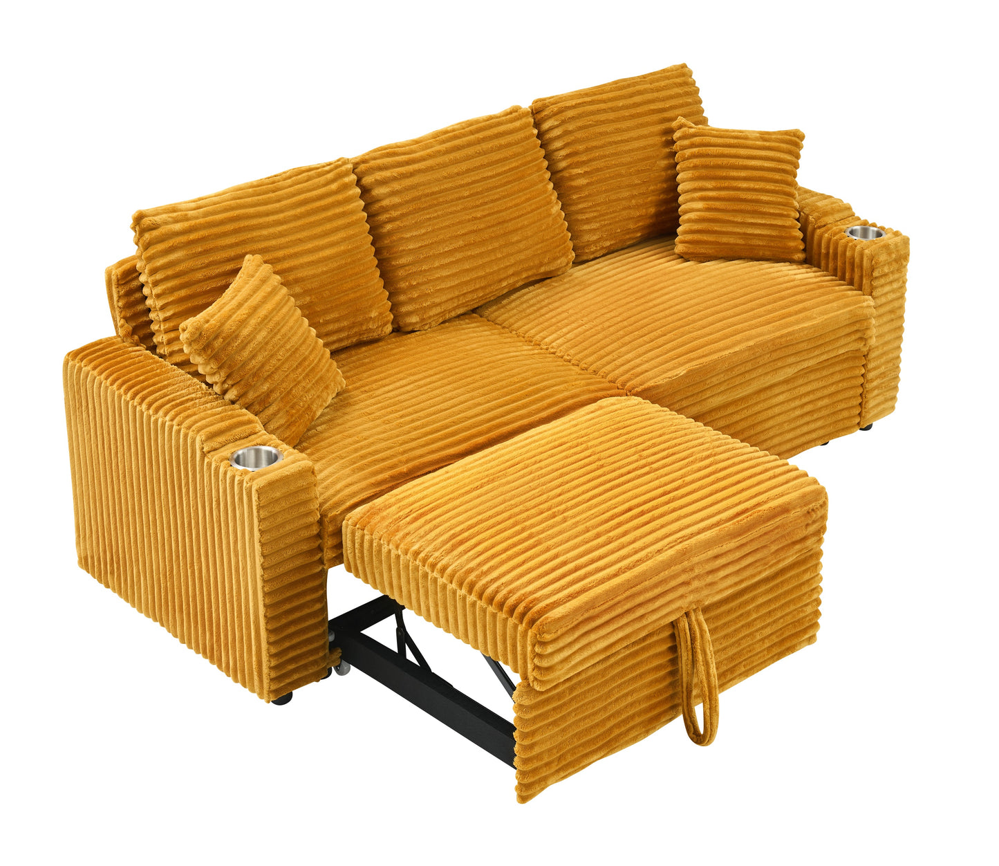 NEW Orange Corduroy Fabric 80 inch Two-in-One Pull-Out Sofa Foldable and Hidden Reclining Function