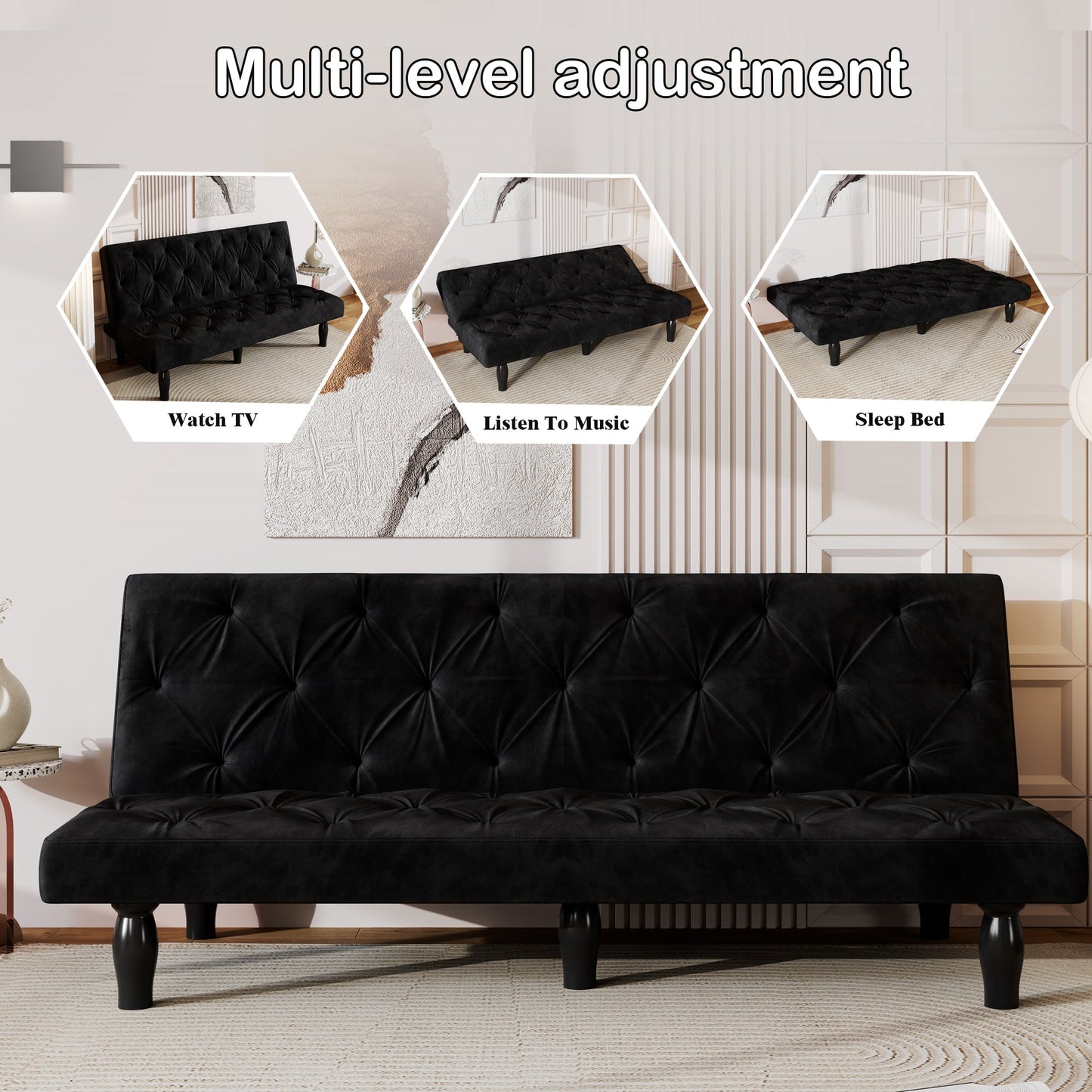 NEW Sofa-to-Bed Evolution: 66' Black Velvet Sofa Bed Transforms Seamlessly, Ideal for Family Living Rooms, Apartments, and Bedrooms