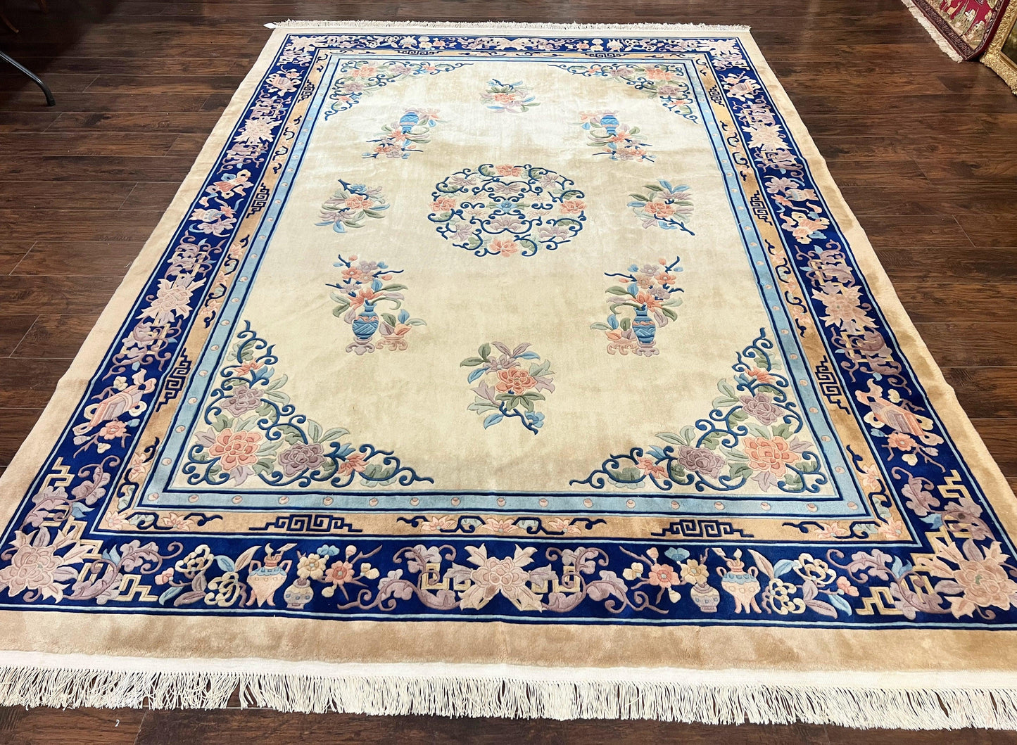 USED Chinese Wool Rug 8x11, Peking Asian Oriental Carpet, Cream/Ivory and Blue, Vintage Handmade Rug, Art Deco Rug