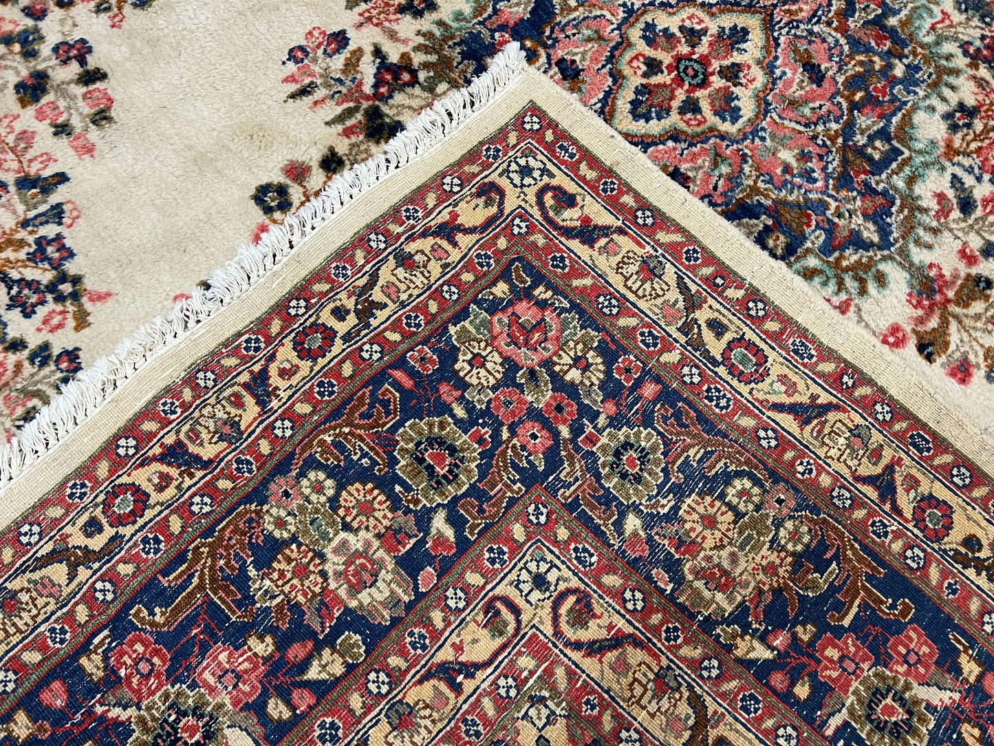 USED Persian Rug 9x10, Hamadan Rug, Antique Oriental Carpet, Wool Rug, Semi Open Field, Cream and Navy Blue, Kirman Design Hand Knotted Almost Square Rug