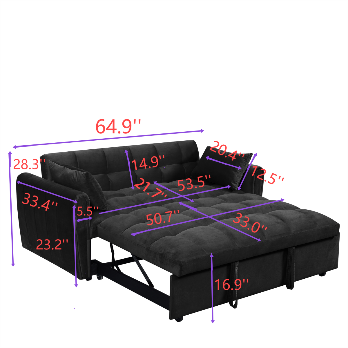 NEW 65 '3-in-1 foldable large size sofa bed, modern velvet double sofa, sofa bed with adjustable back, storage bag and pillow, suitable for living room, bedroom (biack)