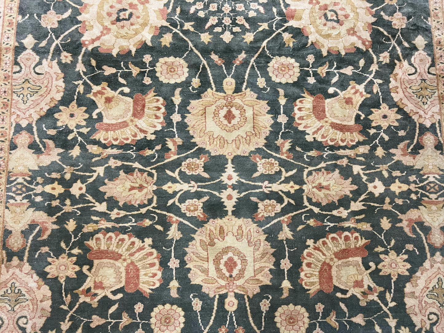 USED Egyptian Mahal Rug 10x14, Large Vintage Floral Hand Knotted Wool Carpet 10 x 14, Dark Green and Beige Traditional Handmade Persian Area Rug