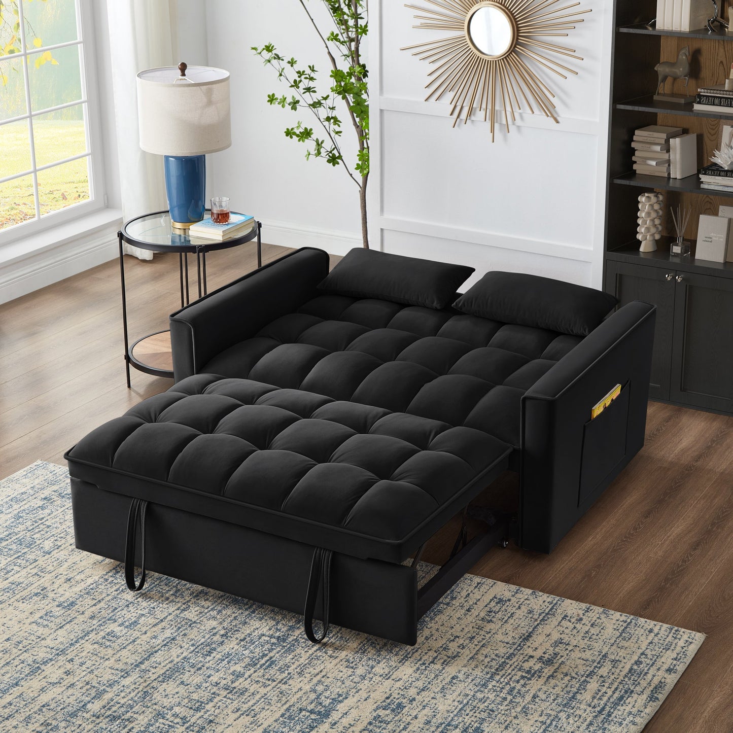 NEW 4 in1 Loveseat Sofa Bed with Armrests & Storage Pockets, Multi-Function Tufted Pull-out Sofa Bed with Adjustable Backrest and Pillows, Convertible Loveseat Sofa Couch,Black