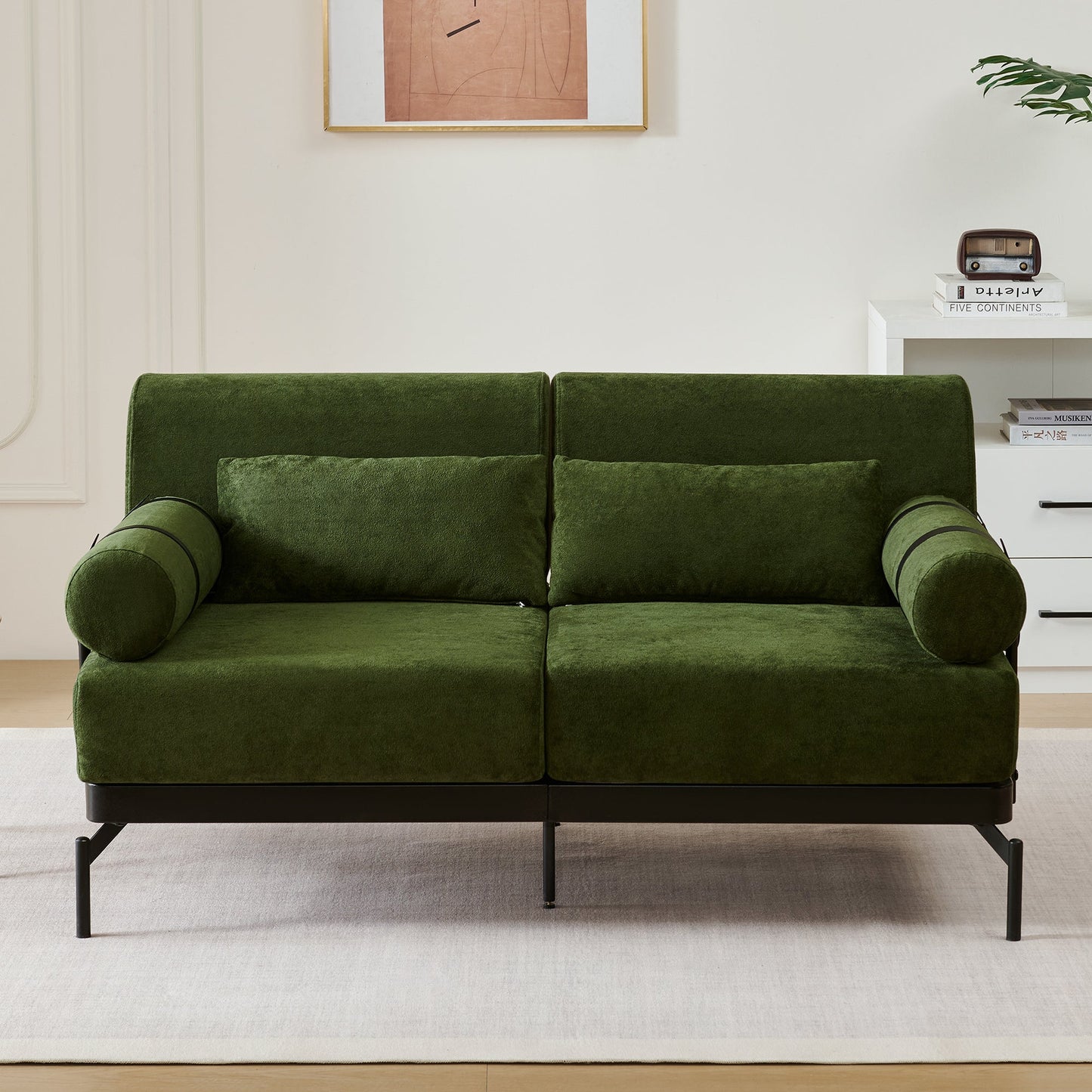 NEW Modern Green Chenille Foam 2 Seat Pillow Top Arms Metal Frame Loveseat