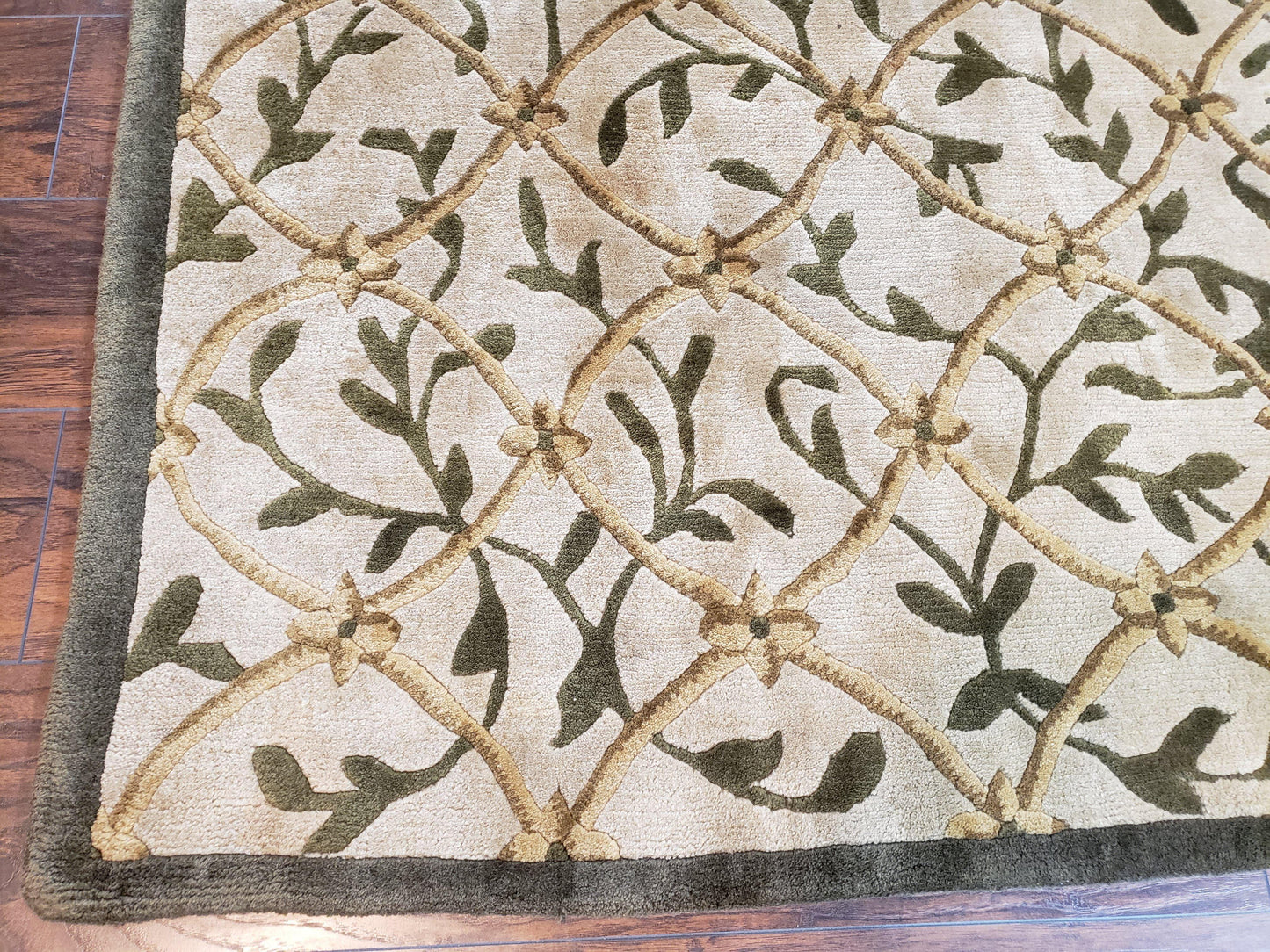 USED Vintage Tibetan Nepalese Area Rug 9x12, Wool Hand-Knotted, Beige Nepali Soft Pile Carpet, 9 x 12 Living Room Modern Dining Room Rug