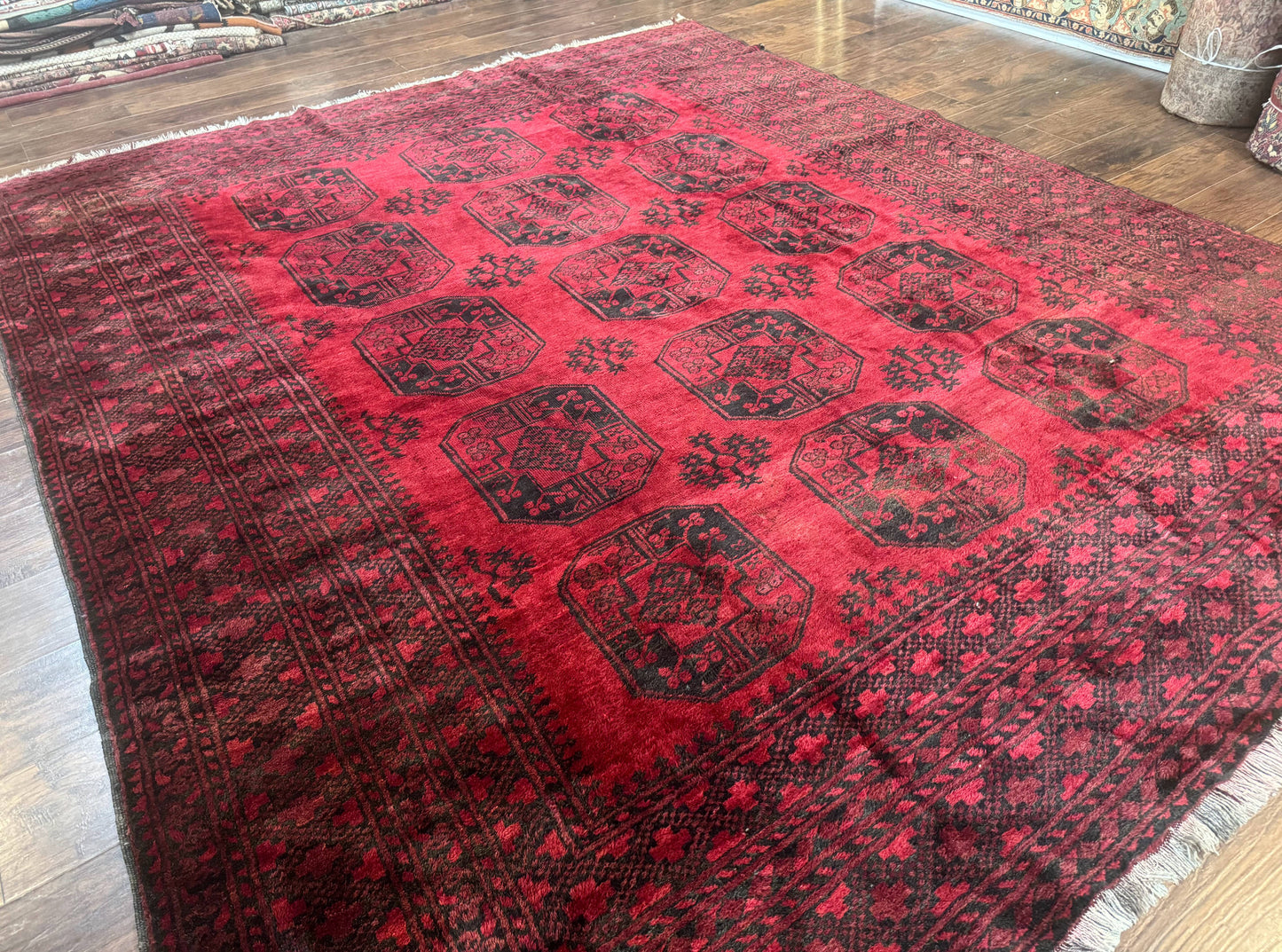USED Afghan Turkoman Rug 9x10, Red Beshir Carpet, Tribal, Wool, Antique