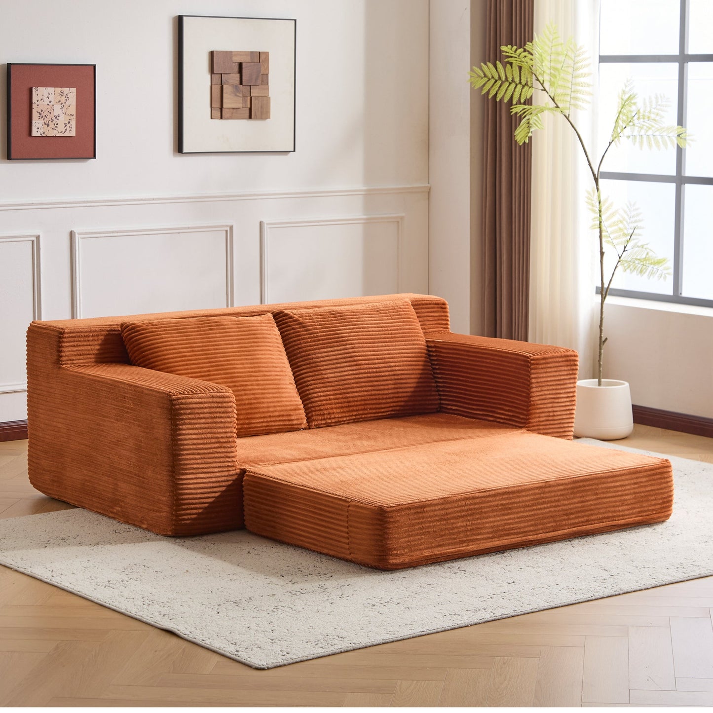 NEW Loveseat Sofa, Comfortable Deep Seat Sofa Bed, Modern Small Corduroy Couch for Living Room Bedroom,Reversible Cushion with Pillows,No Assembly Required,Orange