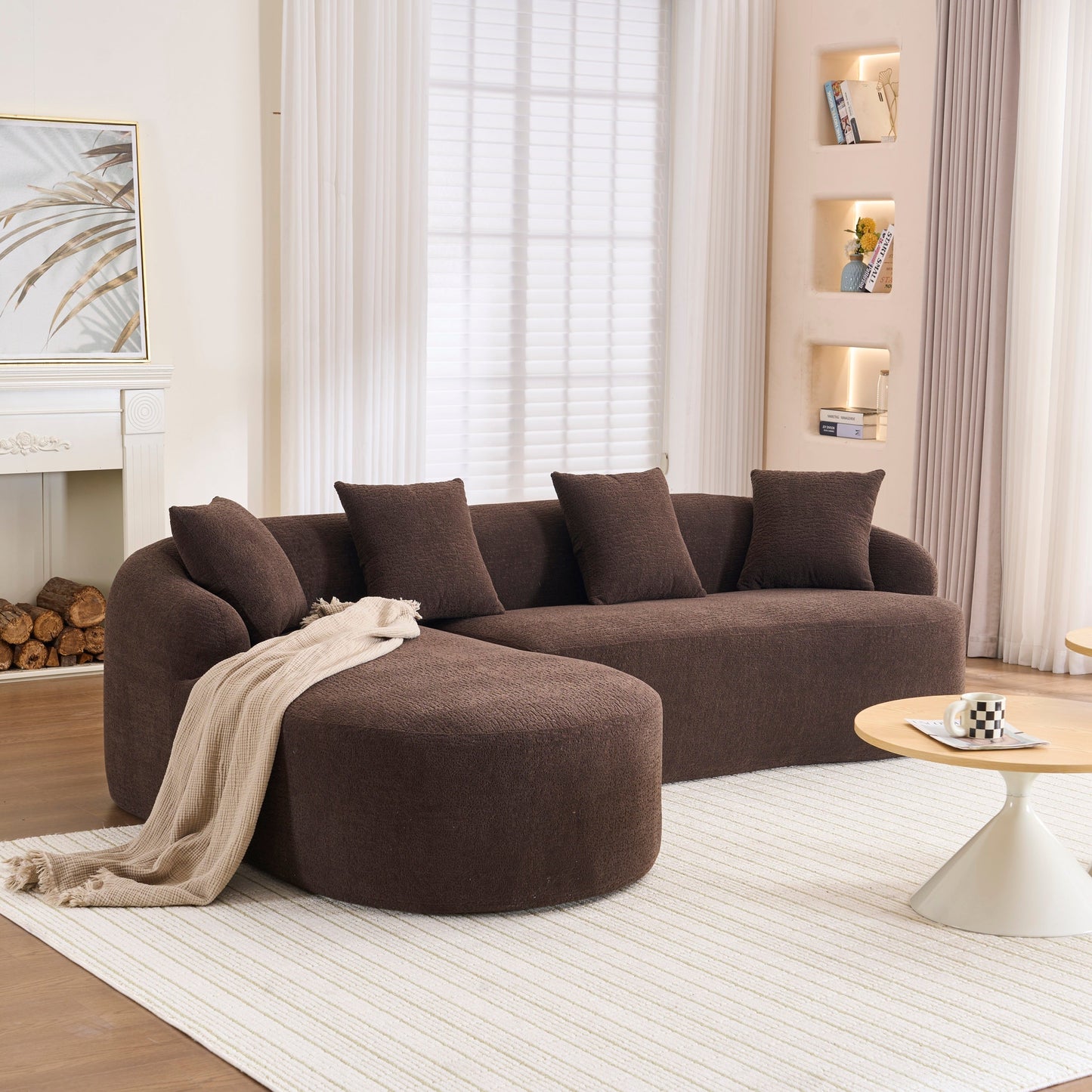 NEWn Brown Chenille Modular Compression Sponge L-Shape Sectional Sofa Couch with Curved Chaise