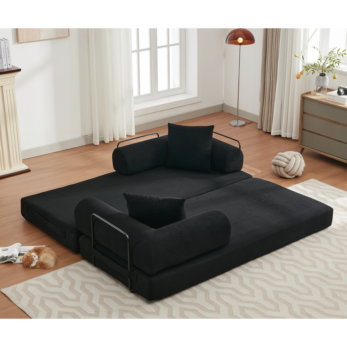 NEW  78.5' Folding Convertible Out Sleeper Sofa Bed,4-in-1 DIY Combination Convertible Sofa,3 seat, Folding  Sofa, King Size , Bedroom,Apartment,Corduroy,Black
