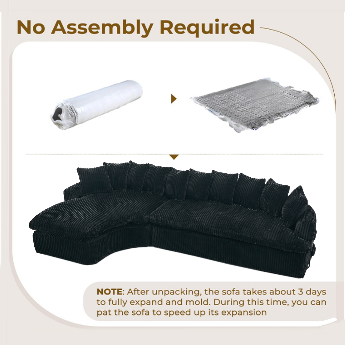 NEW 127''  Large Sectional Sofa ,Elegant Curved Design ,High-Resilience Foam ,Ten Back Cushions,L-Shape Left Sofa,No Assembly  Required , (Black-Soft Corduroy Fabric)