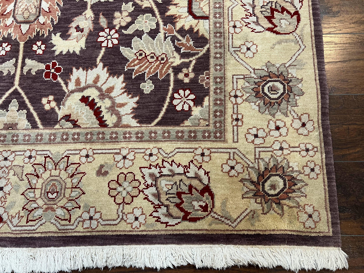 USED Vintage Indo Mahal Area Rug 6x9, Indian Persian Oriental Carpet 6 x 9, Puce Eggplant Tan Beige Rug, Hand-Knotted, Large Floral Design Wool