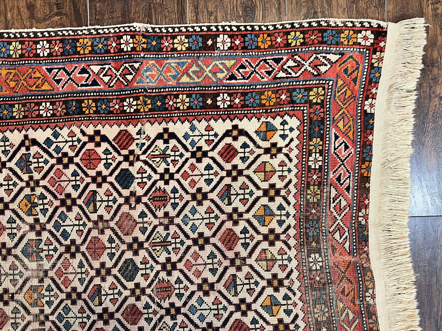 USED Antique Caucasian Rug 4x5, Hand Knotted Handmade Shirvan Oriental Carpet, Ivory Red Rug Allover Pattern, Rare Wool Rug, Tribal Geometric Rug