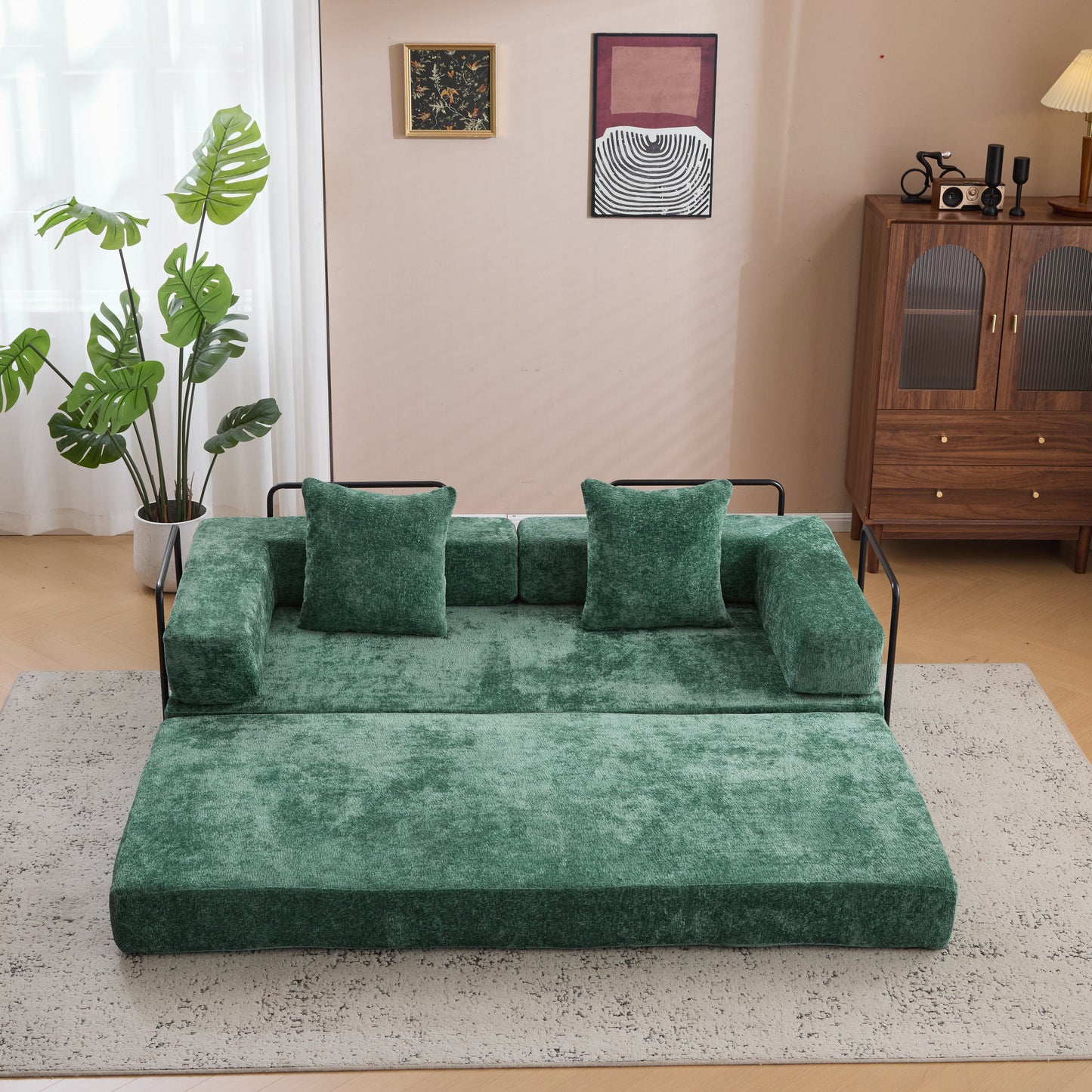 NEW Dark Green Chenille Fabric Floor Compression Convertible Sofa Bed