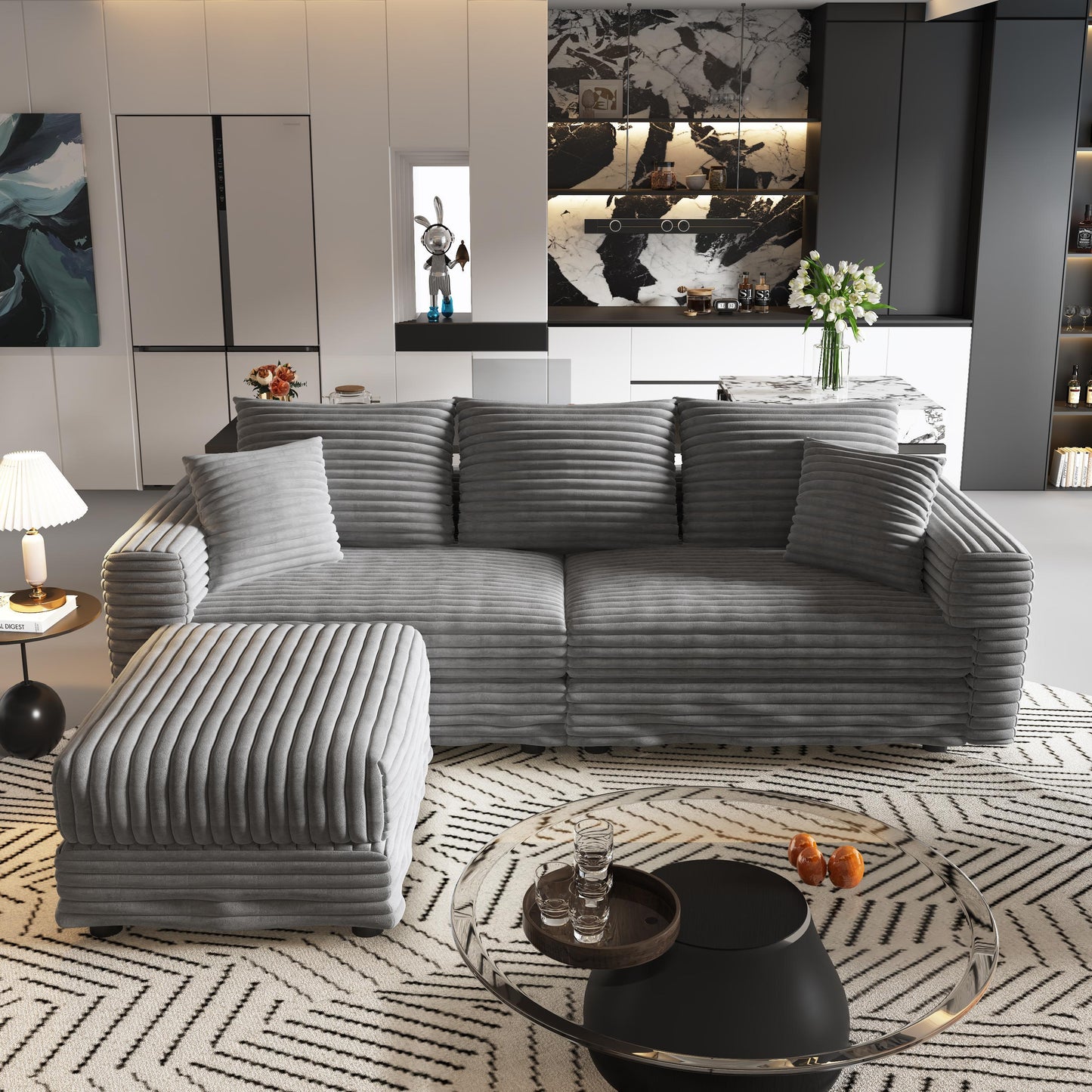 NEW Luxury Comfort Grey Plush Corduroy Fabric U Shaped Sectional Multi-functional Sofa Couch