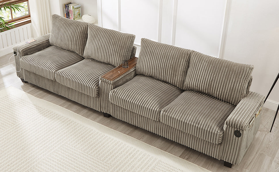 NEW Modern 4-Seater Corduroy Sofa Couch with USB Ports, Hidden Storage Arms, and Flip-Top Cup Holders, Brown, 133 Inches