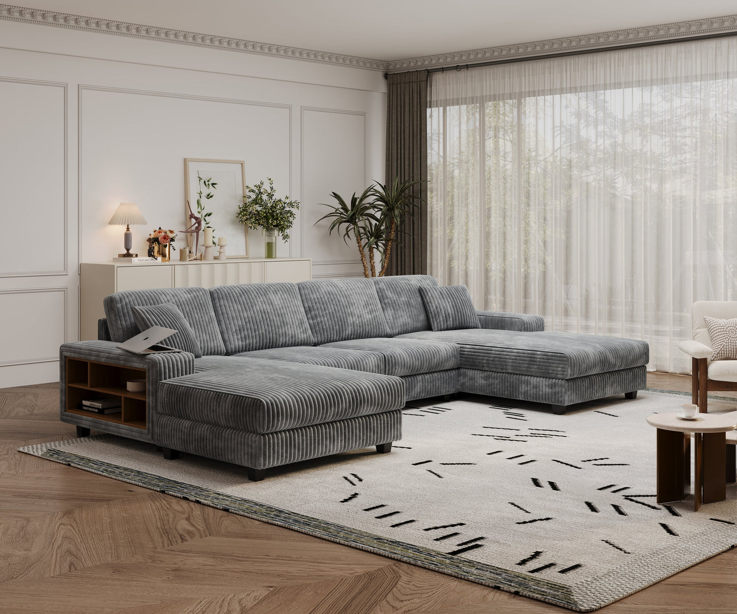 NEW Convertible U-shaped Combination Sofa, Corduroy Fabric, Modern Comfortable Large Size 4 Seat Sofa, Living Room Double Lounge Chair , Dark Grey
