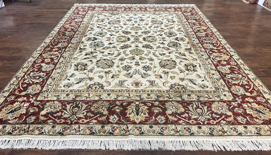 USED Indo Persian Rug 8x10, Wool Hand Knotted Vintage Carpet, Ivory Maroon, 8 x 10 Traditional Oriental Rug, Floral Allover Rug