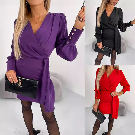 New Solid Color Long Sleeve V-neck Zipper Dress Women