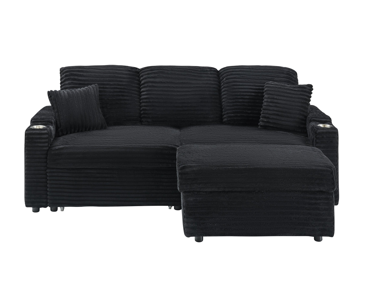 NEW 80' Corduroy Multi-Function Sofa with Hidden Reclining, Space Saving Design, Armrests, Cup Holders and Removable Footstool, Black