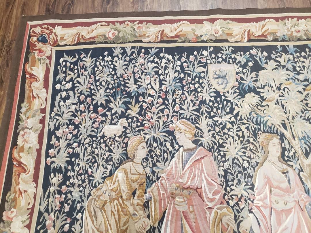 USED Vintage European Tapestry 5.4 x 7.11, Antique Style European Wall Hanging, Aubusson Weave Handmade Tapestry, Courtship Dating Scene, Animals