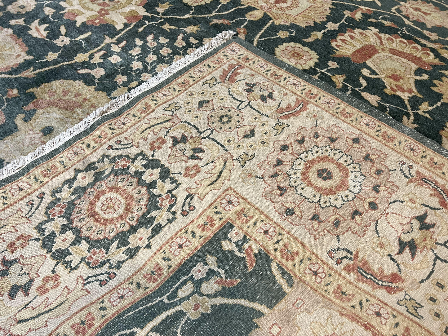 USED Egyptian Mahal Rug 10x14, Large Vintage Floral Hand Knotted Wool Carpet 10 x 14, Dark Green and Beige Traditional Handmade Persian Area Rug