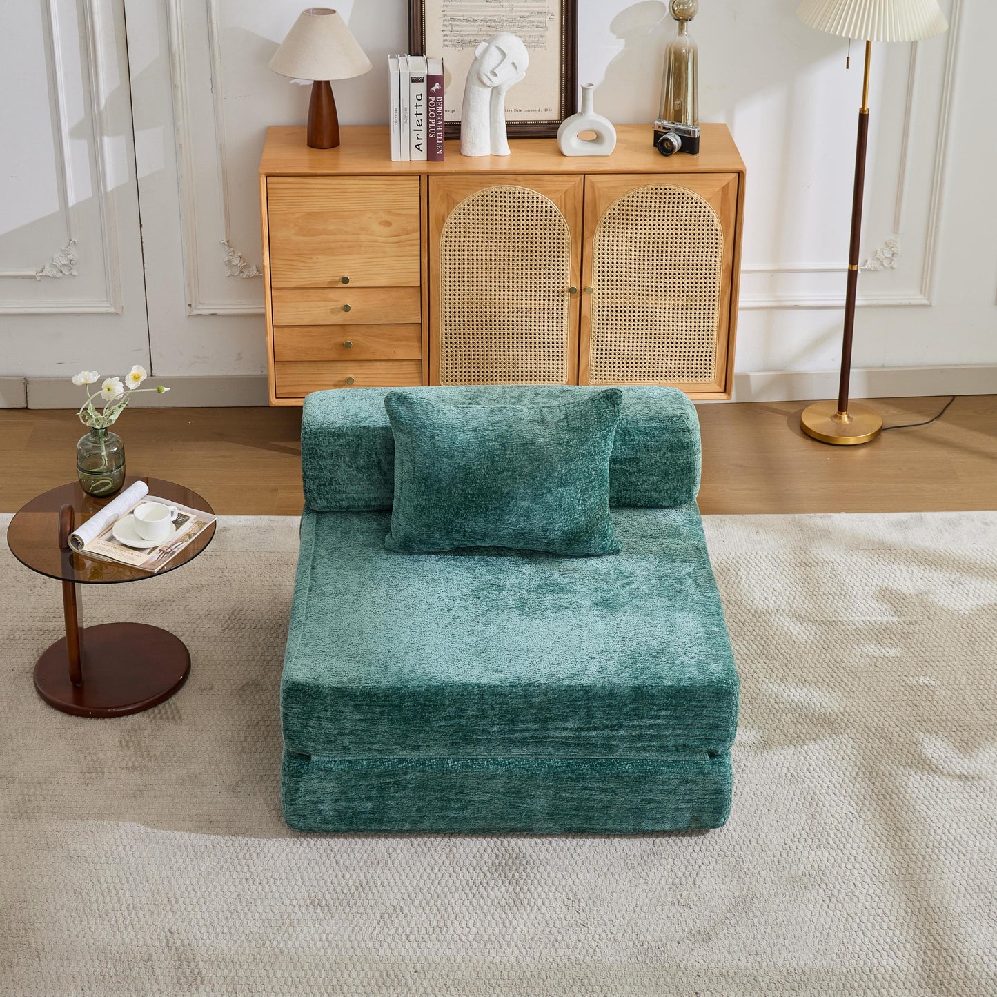 NEW Dark Green Chenille Fabric Compression Convertible Sofa Bed Single Seater Boneless Modular Sectional Sofa