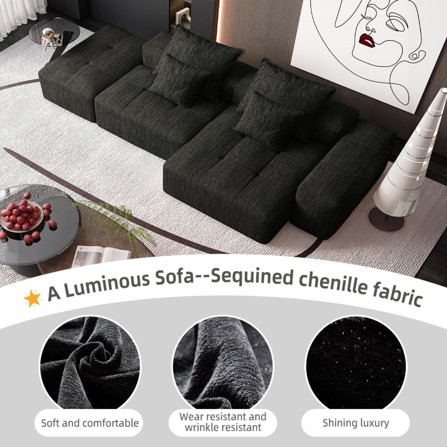 NEW Modern Oversized Modular Sectional Sofa with Ottoman, Seat, Chaise lounge and Armrest, Sparkling Chenille Fabric Soft Cushion Sofa with 4 Pillows,4 PCS DIY Combination Tufted Sofa,No Assembly Required