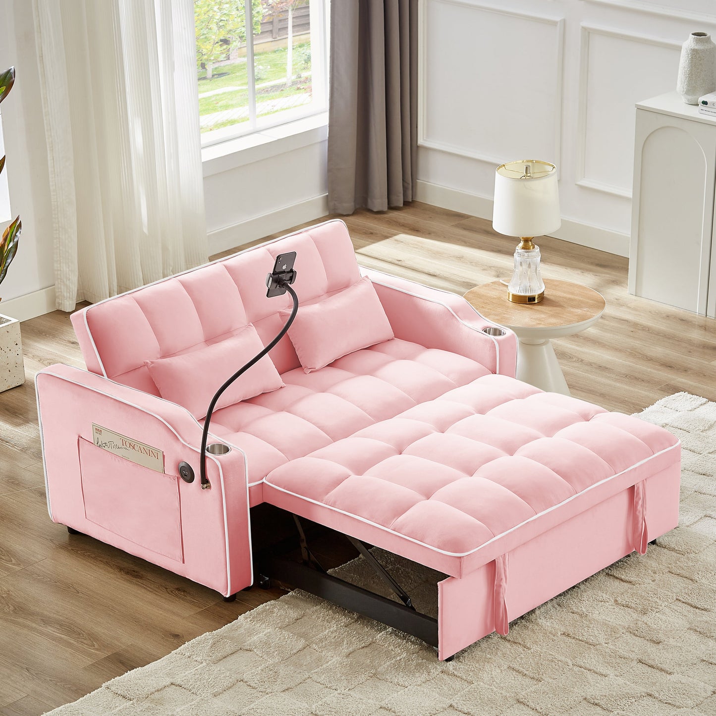 NEW 1 versatile foldable sofa bed in 3 lengths, modern sofa sofa sofa velvet pull-out bed, adjustable back and with USB port and ashtray and swivel phone stand (pink)