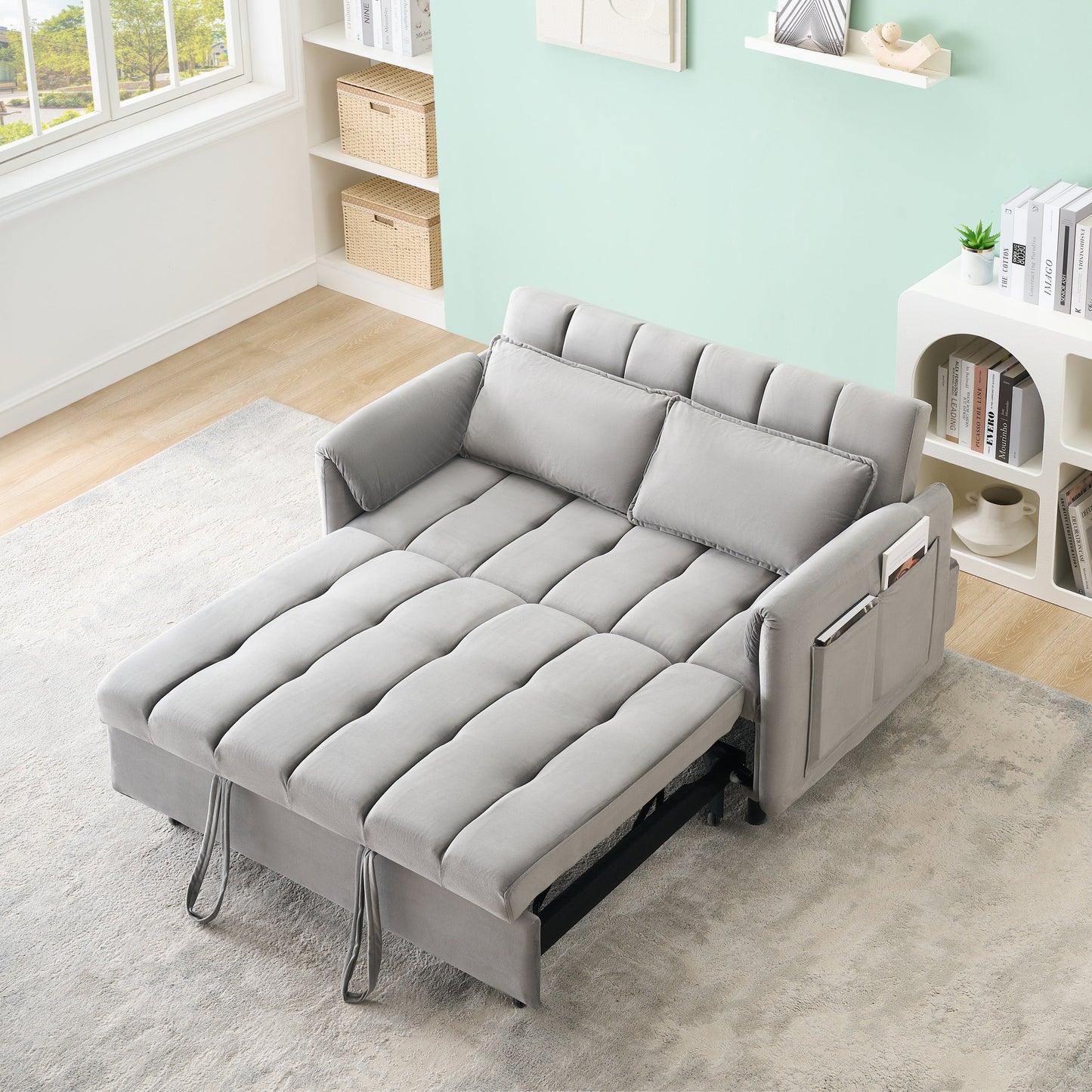 NEW 52 'grey modern velvet sofa, sofa pullout bed, small love seat casual sofa with back, pillow, pockets, living room furniture, 3 in 1 convertible sleep sofa bed.