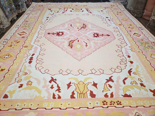 USED Large Turkish Kilim Carpet 10x14, Vintage Hand-Knotted Turkish Kilim Rug 10 x 14, Pink Cream Yellow Red, Decorative, Geometric, Unique