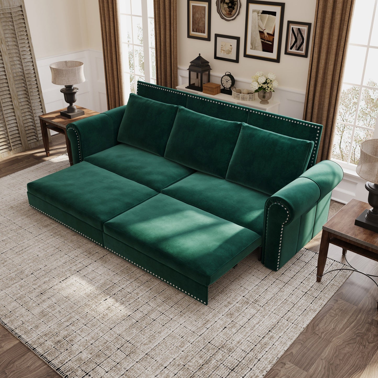 NEW 93.7' Green King 3-in-1 Velvet Convertible Sleeper Pull Out Sofa Bed with Nailhead Trim & Rolled Arm, Multi-Functional Sofa Bed