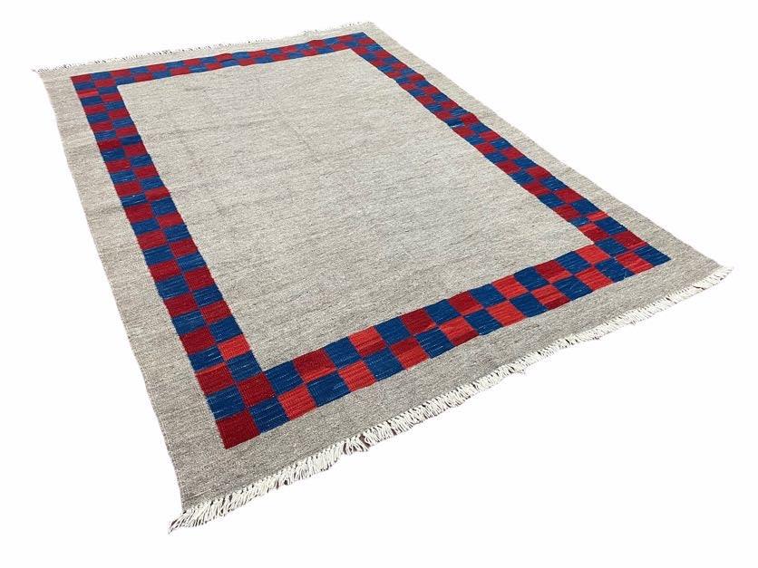 NEW 5' 7" x 7' 9" Geometric Kilim Carpet, Gray, Handmade, Hand-Knotted Area Rug, Blue & Red, Flatweave, Wool, New, Checkerboard Pattern
