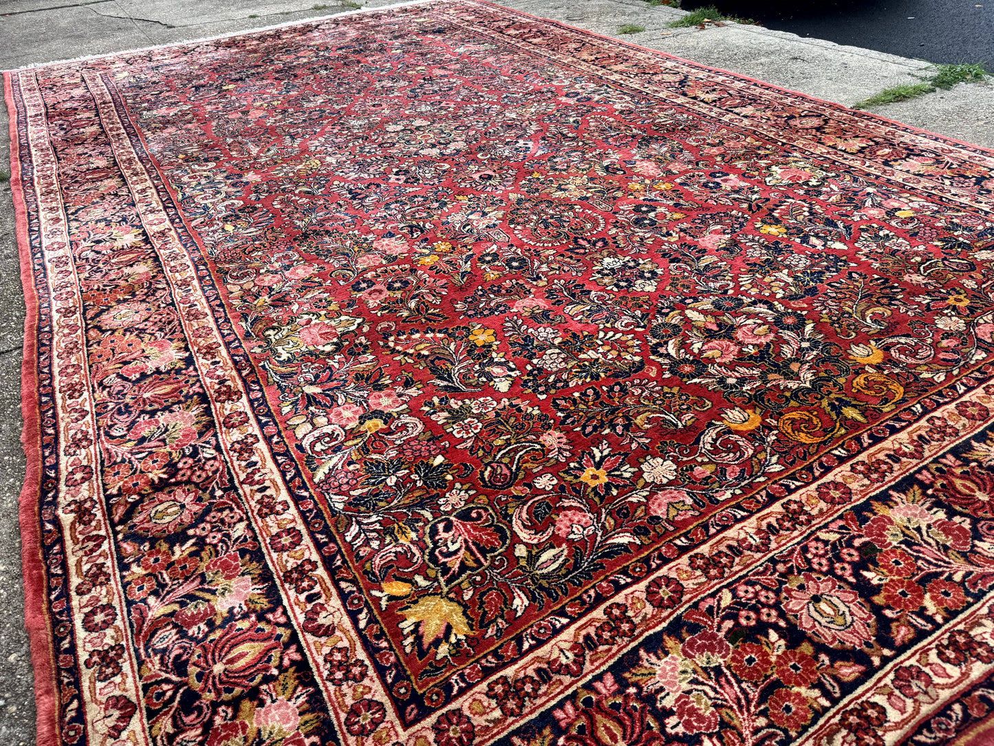 USED Large Antique Persian Sarouk Rug 11x18, Red, Floral Allover, Palace Size Wool Handmade Carpet